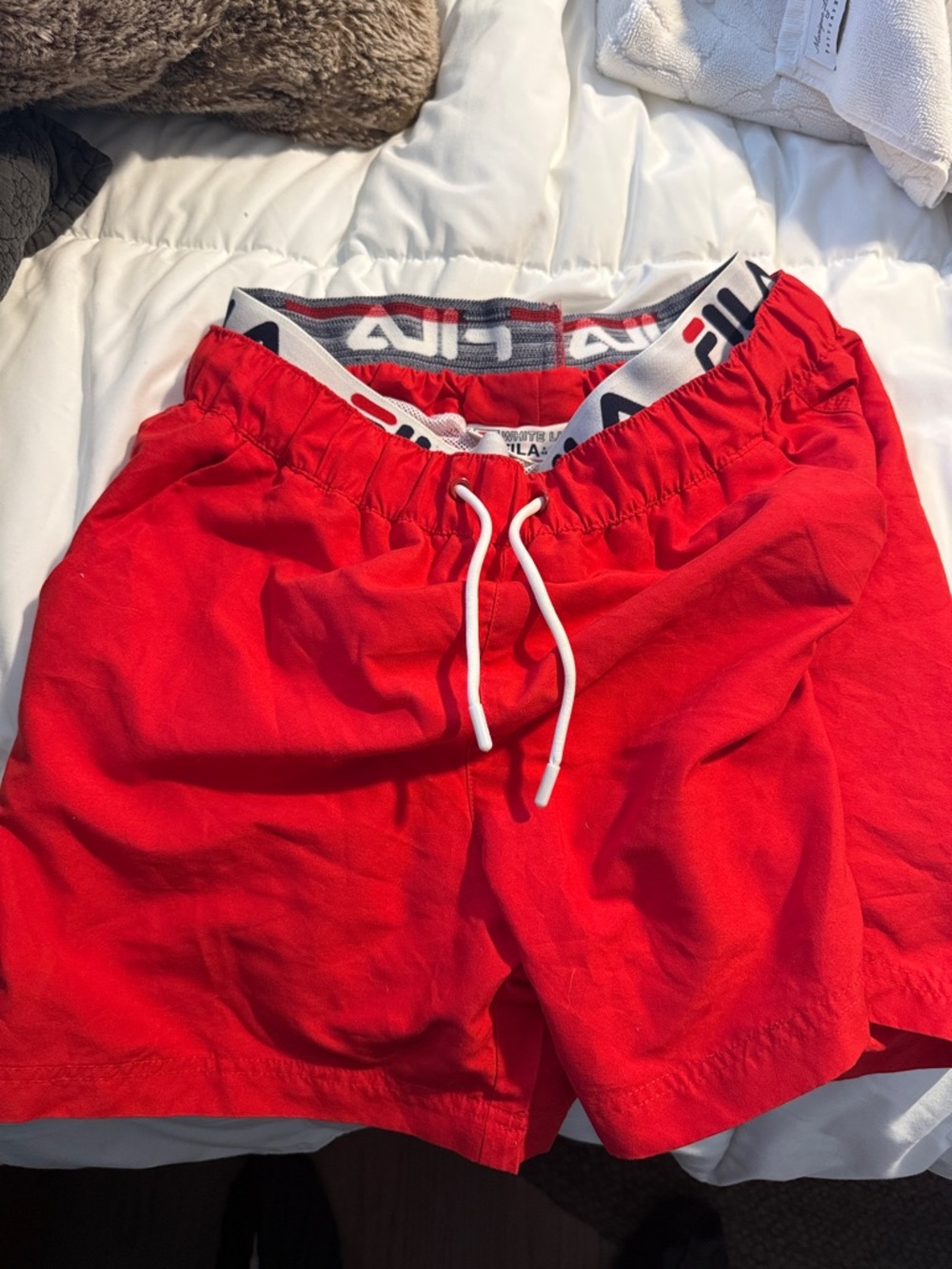 FILA Red Men's Athletic Drawstring Shorts with White Waistband